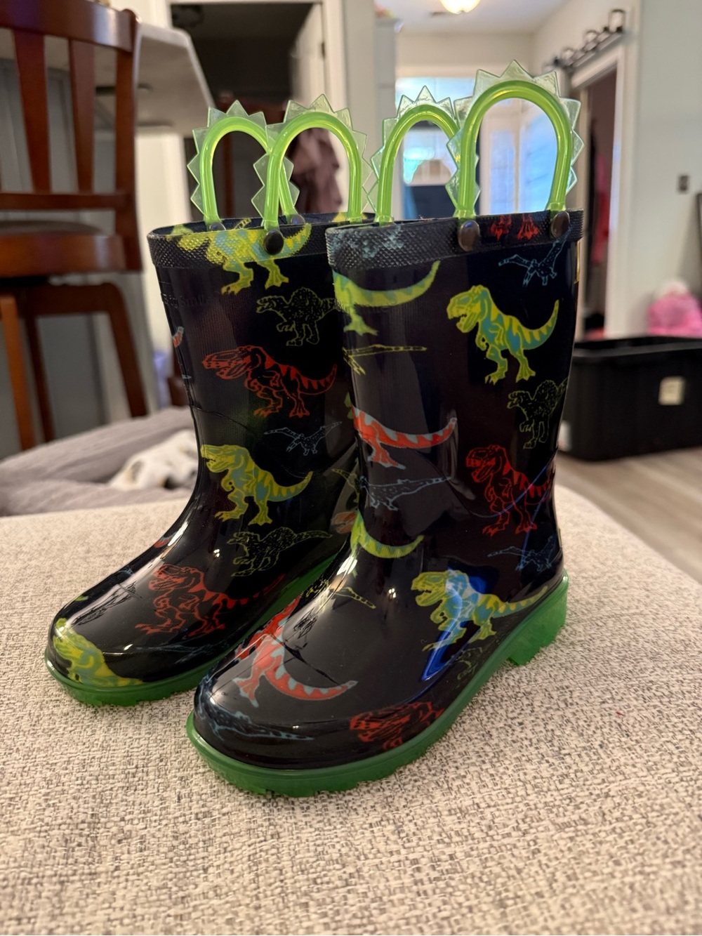 Cat & Jack Black Rain Boots with Neon Green Handles and Soles